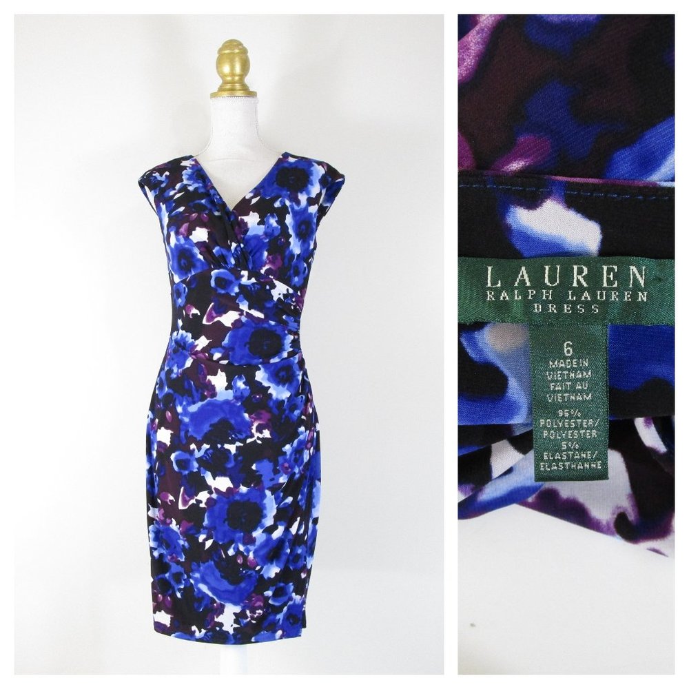 Lauren Ralph Lauren Blue Purple Floral V-Neck Sheath Dress 6